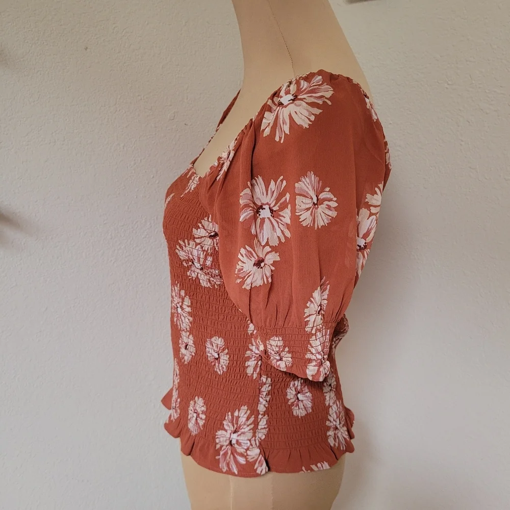 Madewell Floral Smocked Square Neck Top - Rust